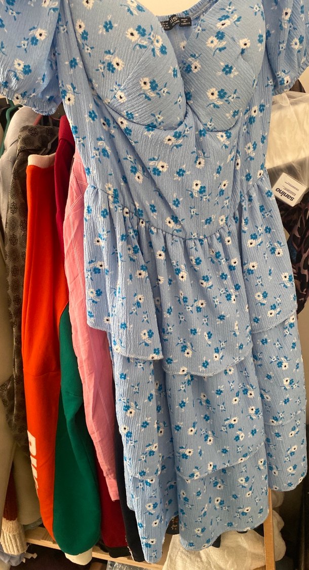 Mavi V Yaka Midi Pamuklu Elbise - Görsel 2