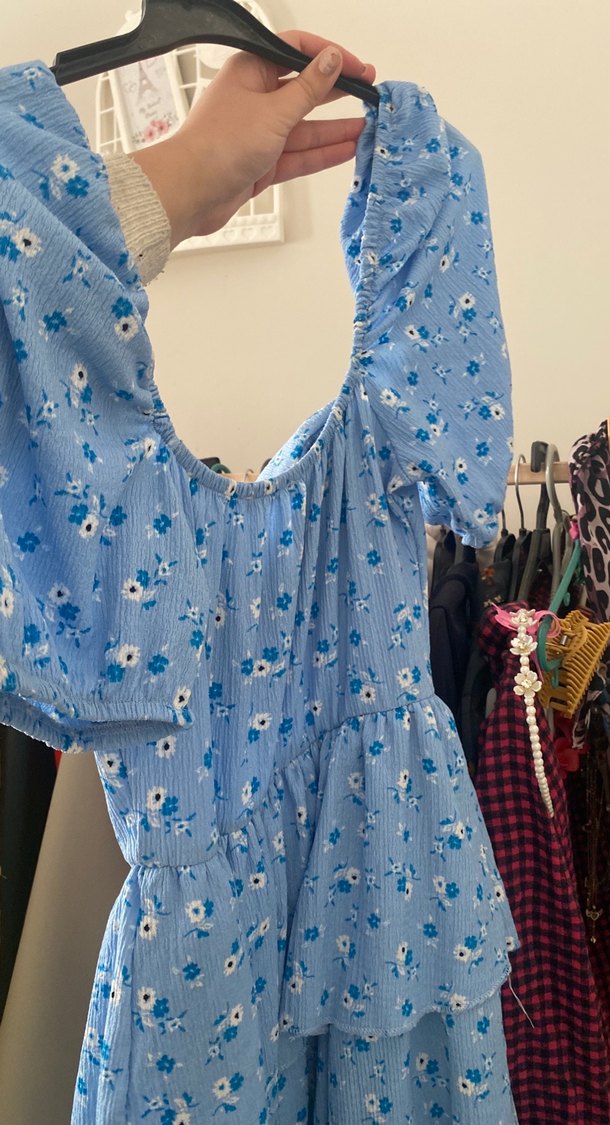 Mavi V Yaka Midi Pamuklu Elbise - Görsel 3