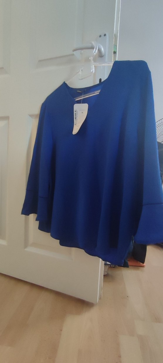 Yarım Kollu V Yaka Saks Mavi Kadın Bluz - Görsel 4