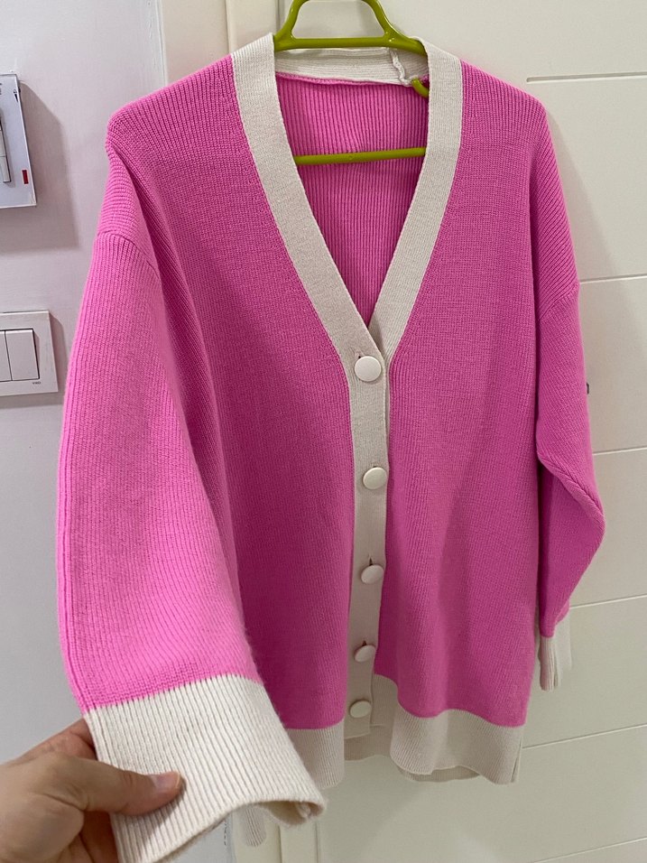 Düğmeli Pembe Midi Kadın Hırka - Görsel 2