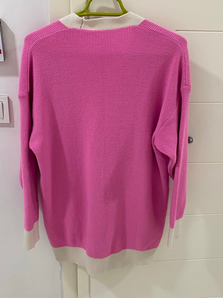 Düğmeli Pembe Midi Kadın Hırka - Görsel 3