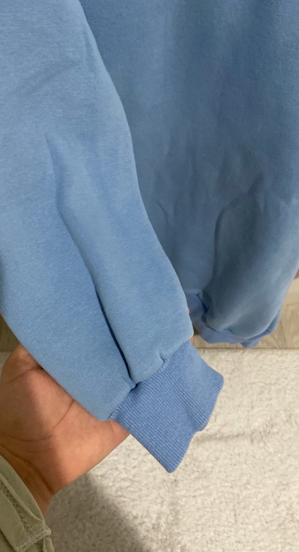 Düğmeli Kapüşonlu Mavi Kadın Sweatshirt - Görsel 3