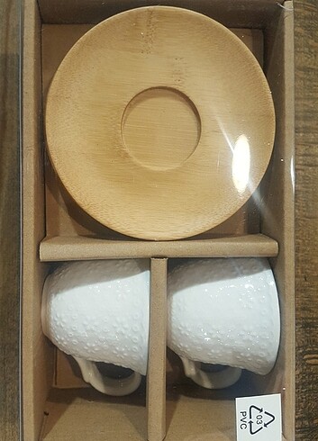 Bambu tabaklı 2 kişilik porselen kahve fincanı 