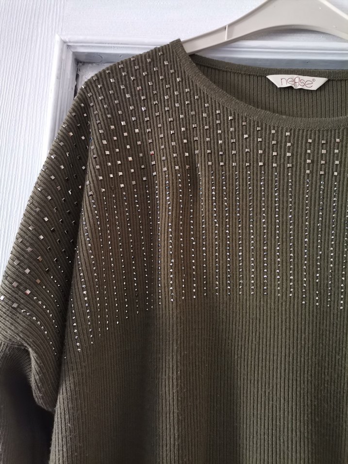 Uzun Kollu Örme yeşil Kadın Tunik - Görsel 5