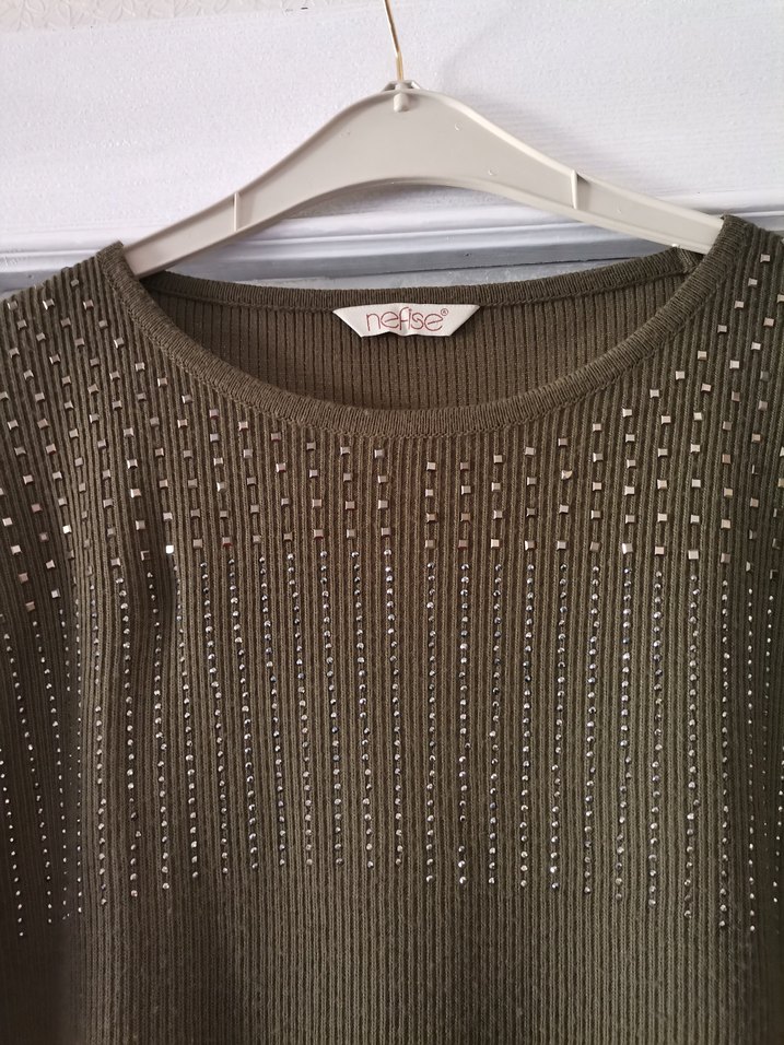 Uzun Kollu Örme yeşil Kadın Tunik - Görsel 2