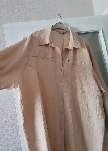 Bej Uzun Kollu Keten Kadın Gömlek..... - Görsel 5