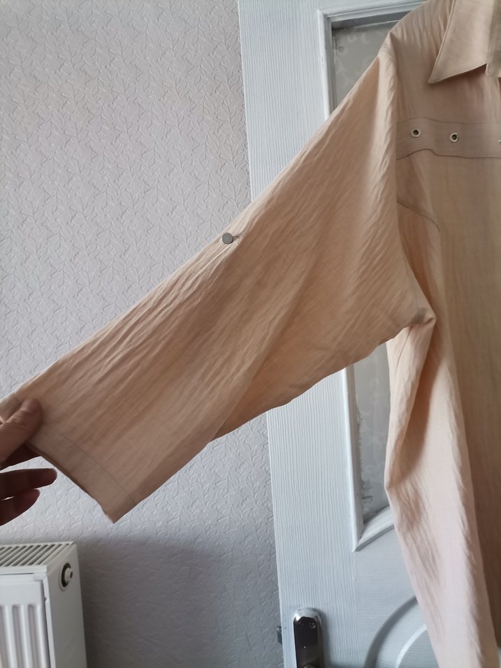 Bej Uzun Kollu Keten Kadın Gömlek..... - Görsel 3