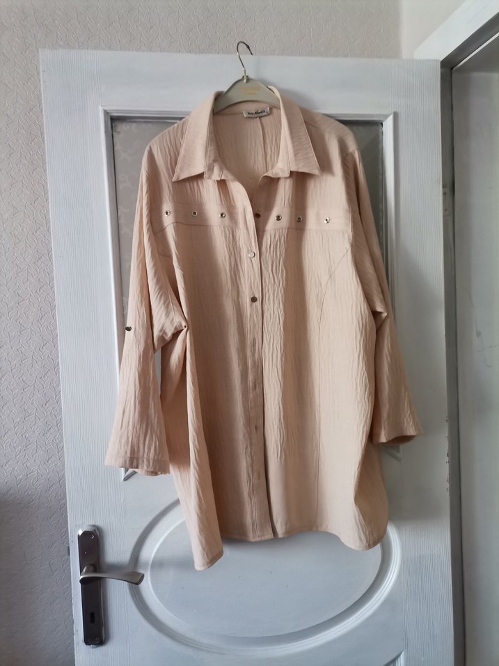 Bej Uzun Kollu Keten Kadın Gömlek..... - Görsel 4
