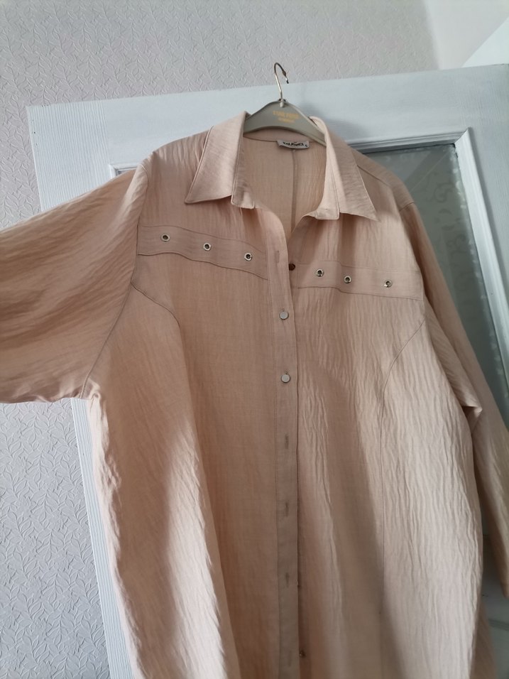 Bej Uzun Kollu Keten Kadın Gömlek..... - Görsel 5