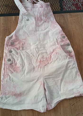 Kızlar için Pembe Batik Desenli Askılı Şort Tulum