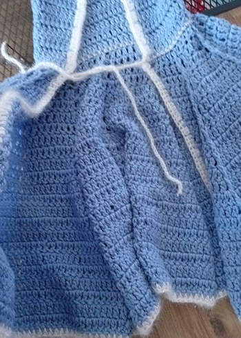 Kız Çocuk Mavi Kapüşonlu Örgü Panço - Görsel 3