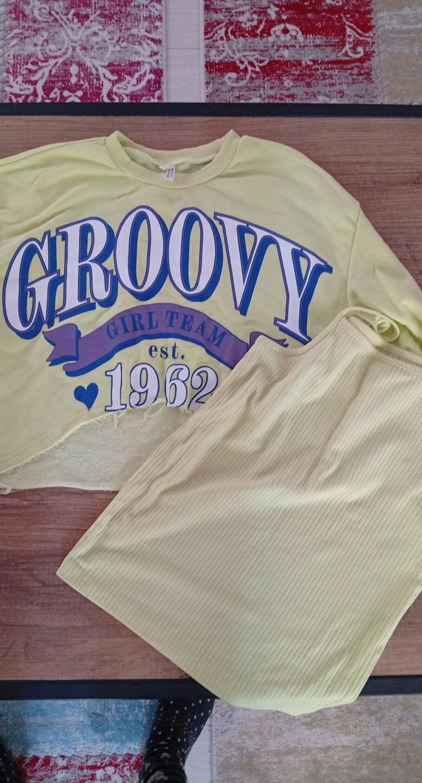 Sarı Loose Fit Kız Tişörtü, Uzun Kollu, Dantel Detaylı - Görsel 3