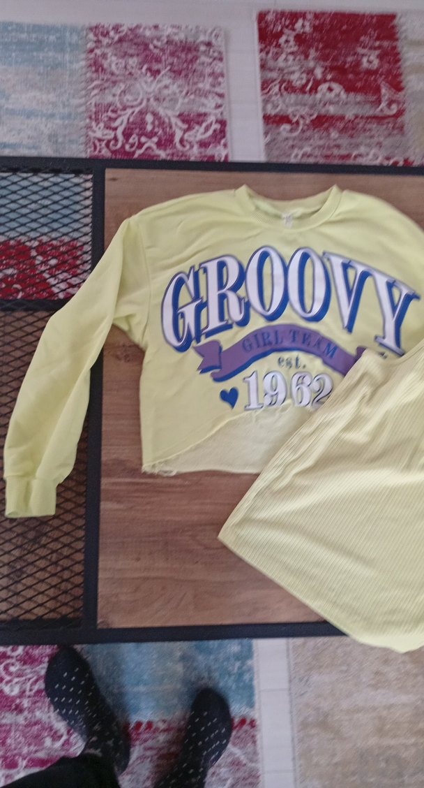 Sarı Loose Fit Kız Tişörtü, Uzun Kollu, Dantel Detaylı - Görsel 2