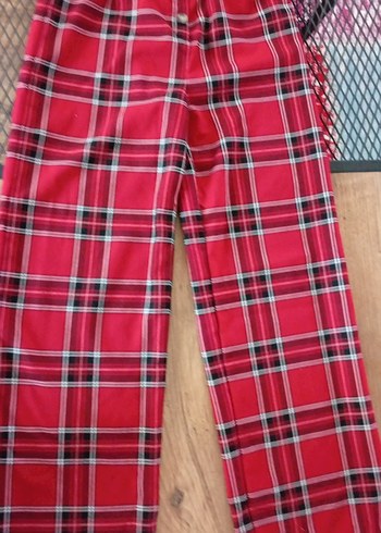 Düğmeli Kırmızı Ekose Kadın Kumaş Pantolon - Görsel 2