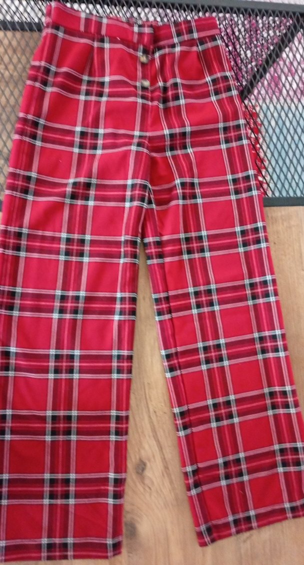 Düğmeli Kırmızı Ekose Kadın Kumaş Pantolon - Görsel 2
