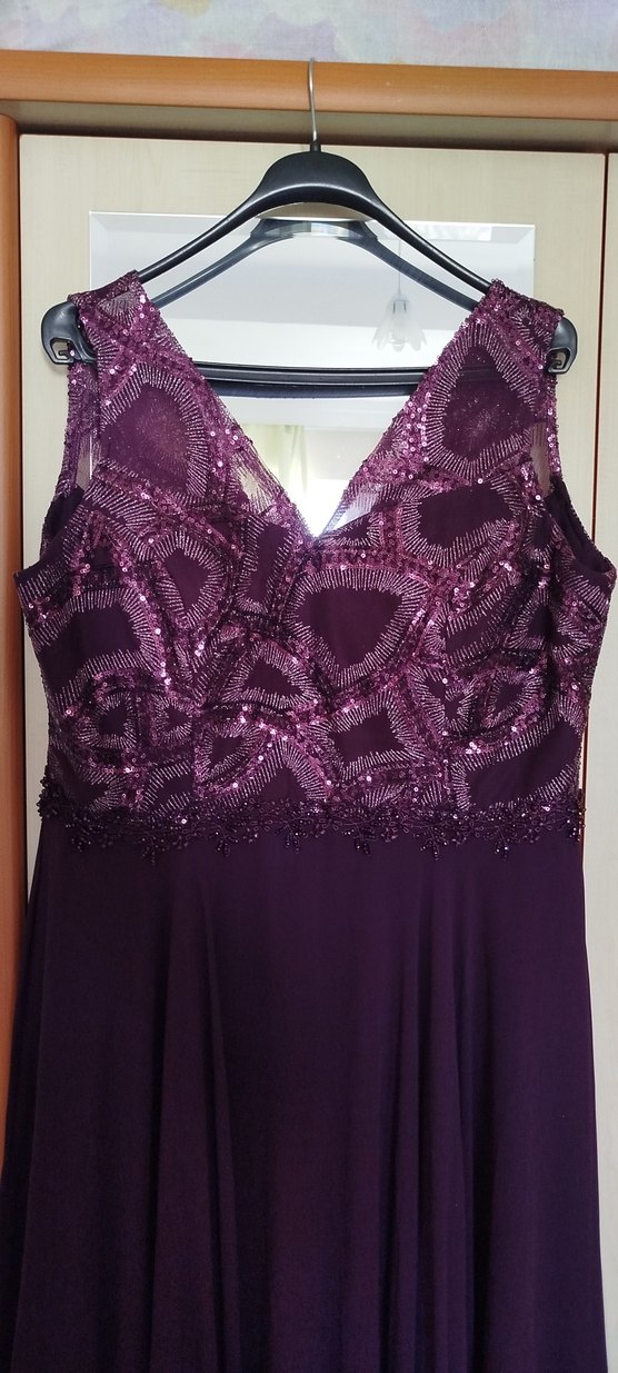 Mor V Yaka Taş Detaylı Uzun Abiye Elbise - Görsel 2