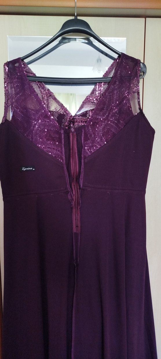 Mor V Yaka Taş Detaylı Uzun Abiye Elbise - Görsel 3