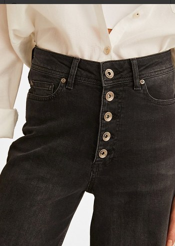 Düğmeli Siyah Kadın Denim İspanyol Paça Pantolon - Görsel 3