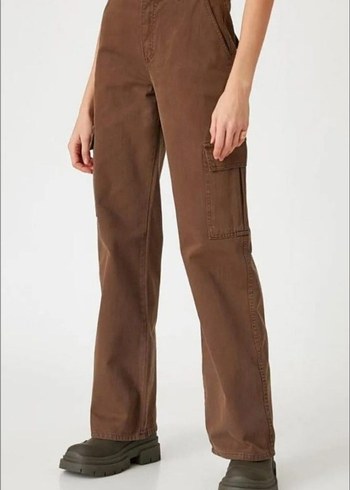 Düğmeli Kahverengi Bol Kesim Kadın Pantolon - Görsel 2