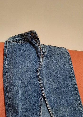 Kadın Mavi Denim Midi Boy Yırtmaçlı Etek