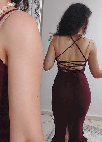 Bordo V Yaka ince askılı Midi Elbise - Görsel 2