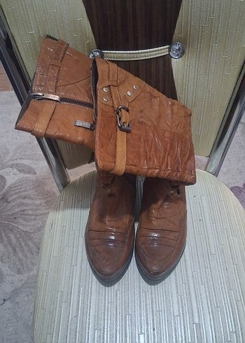 Kahverengi Deri Tokalı Dizüstü Kadın Çizme - Görsel 4