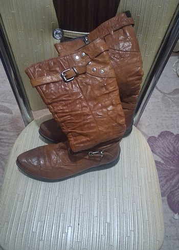 Kahverengi Deri Tokalı Dizüstü Kadın Çizme - Görsel 2