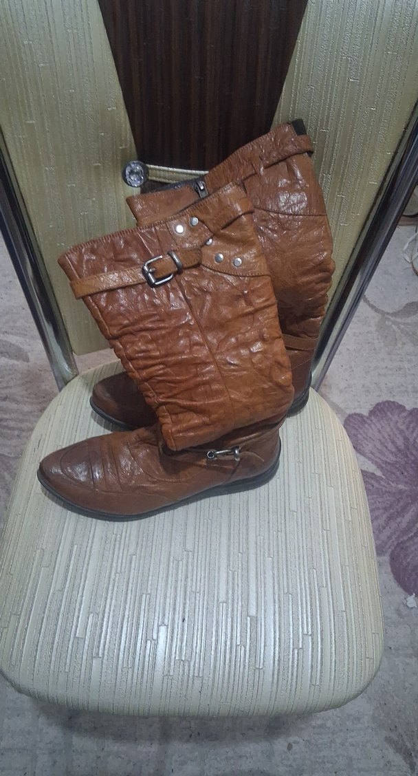 Kahverengi Deri Tokalı Dizüstü Kadın Çizme - Görsel 2