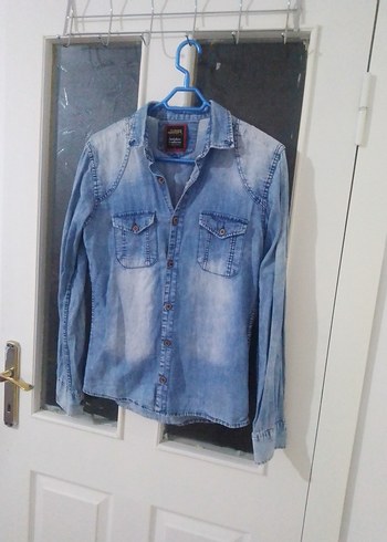 s Beden Kadın Mavi Batik Desenli Denim Ceket