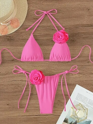 l Beden kırmızı Renk Çiçek Aksesuarlı Bikini Takımı