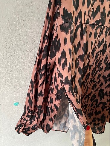 l Beden kahverengi Renk Leopar desenli saten gömlek