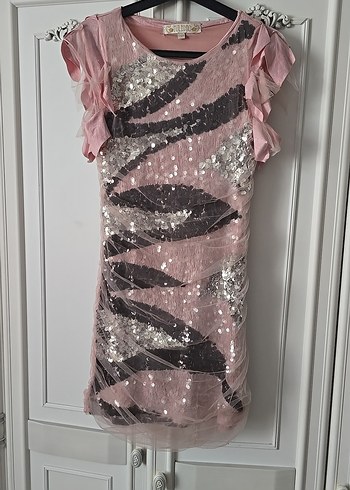 Diğer Pullu Pembe Midi Elbise Ruffled Kollu