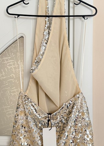 Altın Renkli Mini Payetli Elbise - Görsel 11