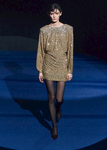 Altın Renkli V Yaka Payetli Midi Elbise - Görsel 3