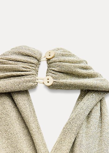 Gold Drapeli Uzun Straplez Elbise - Görsel 6