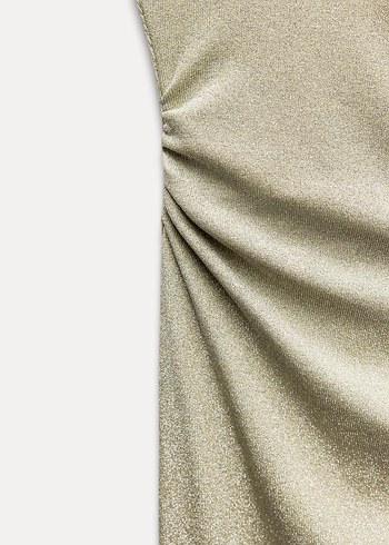 Gold Drapeli Uzun Straplez Elbise - Görsel 5