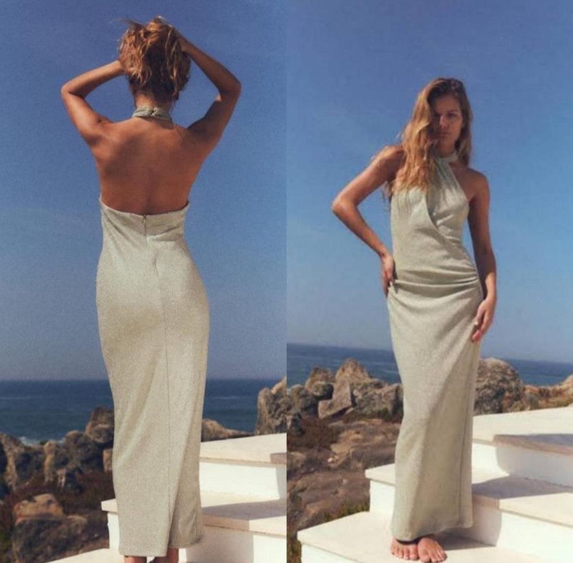 Gold Drapeli Uzun Straplez Elbise - Görsel 2