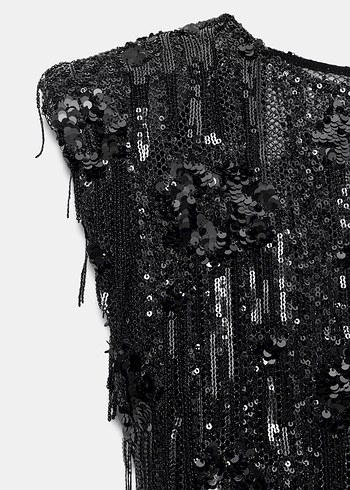 Siyah Nakışlı Kısa Drapeli Elbise - Görsel 10