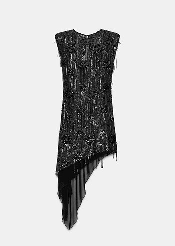 Siyah Nakışlı Kısa Drapeli Elbise - Görsel 8