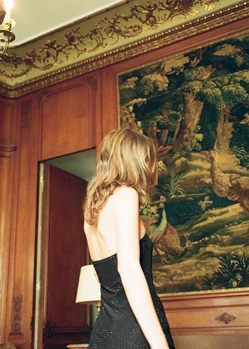 Siyah İşlemeli Pilili Kadın Elbise - Görsel 6