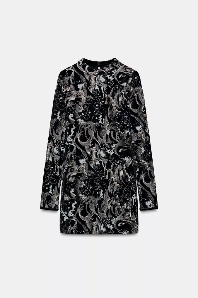 Uzun Kollu Gri Payetli Elbise - Görsel 3