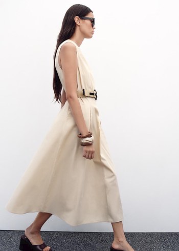 Bej Kemerli Uzun Kadın Elbise - Görsel 4