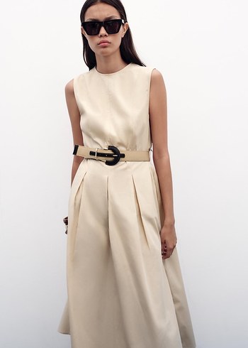 Bej Kemerli Uzun Kadın Elbise - Görsel 2