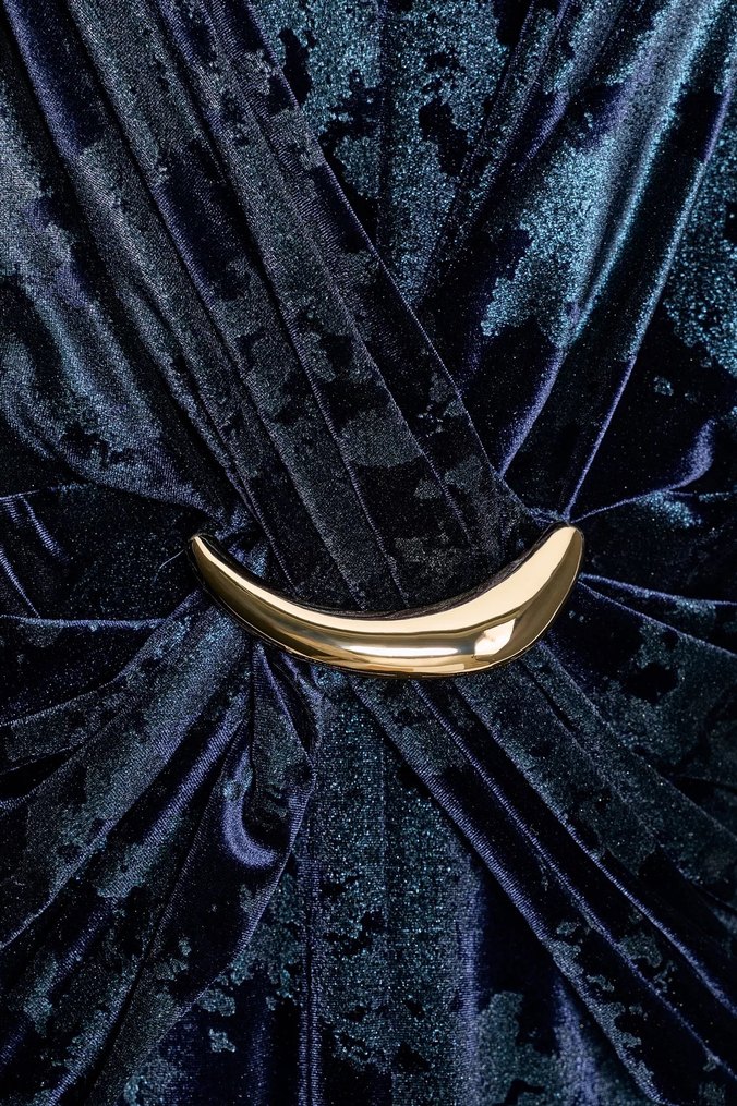 Lacivert V Yaka Drapeli Uzun Kadın Elbise - Görsel 4