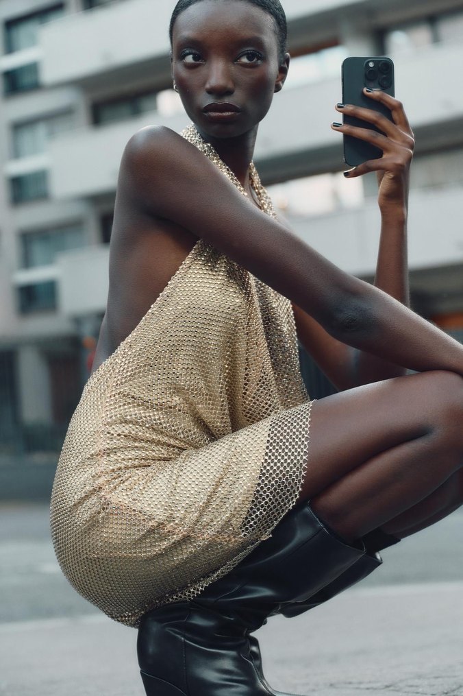 Drapeli Taşlı Mini Elbise - Görsel 2