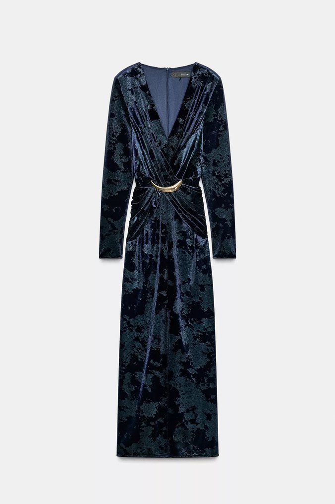 Lacivert Drapeli V Yakalı Uzun Kadın Elbise - Görsel 2