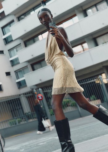 Parlak Altın Taşlı Mini Elbise - Görsel 2