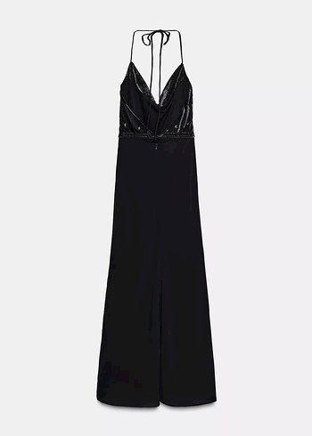 Siyah İşlemeli Uzun Askılı Kadın Elbise - Görsel 2