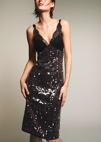 Payetli V Yaka İnce Askılı Abiye Elbise - Görsel 2