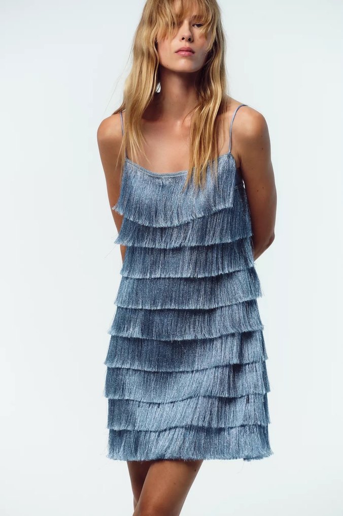 Püsküllü Mavi Mini Elbise - Görsel 5